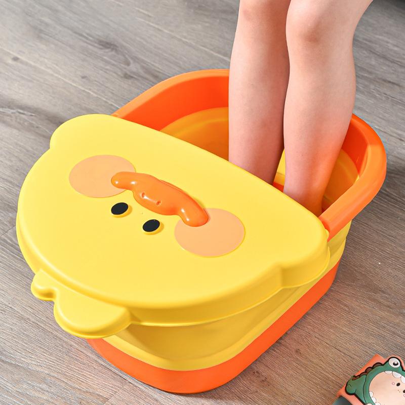Folding Cartoon Duck Children's Foot Soaking Bucket with Lid Massage Foot Washing Basin Portable Household Insulation