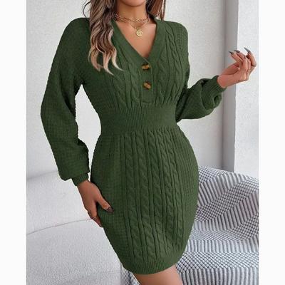 Módní Pletené Twist Lucerna Svetr Šaty s výstřihem do V Knoflíček Elegantní společenské dámské šaty Zimní slim Fit Jednobarevné úpletové šaty 29891