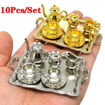 10 buc/set Păpușă Casă Miniatură Metal Ceai Păpușă Casă Mobilier Miniatură Veselă Jucărie Ceainic Ceașcă Farfurie