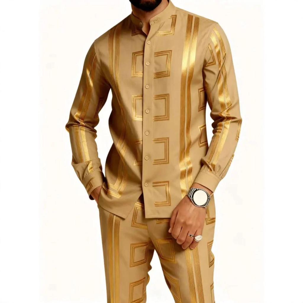 Spot TEMU Casual African Glossy Print Men's Ethnic Long-sleeved Trousers Set 2-piece Set