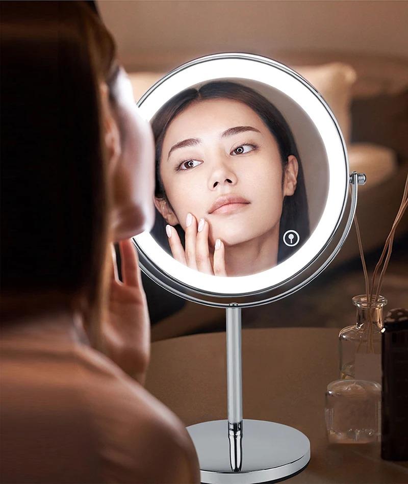 8inch 10x Magnifying Led Makeup Mirror With 3 Color Light Touch Switch Double Side Usb Charging Desktop Vanity Cosmetic Mirror