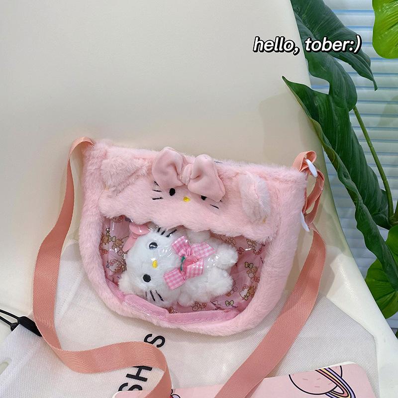 Cute Transparent Plush Crossbody Bag With Cartoon Doll Pendant Gift For Girls