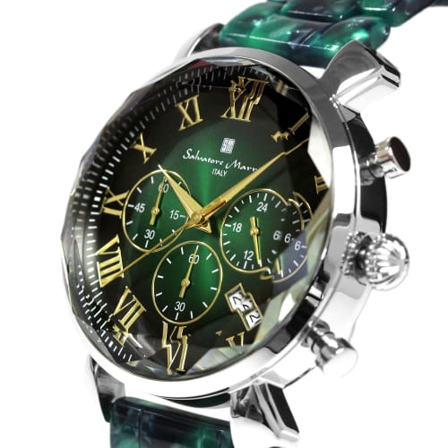 Salvatore Mara Watch Faceted Glass Chronograph Acetate Belt Gradient Men's Green Gold SM19104A-SSGRGD