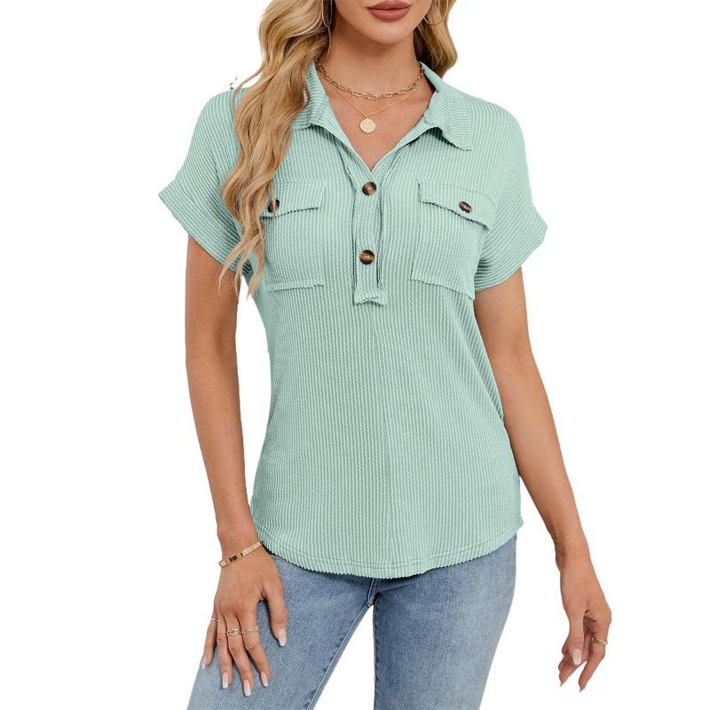 Summer New Women's Lapel Pocket Short-sleeved Solid Color T-shirt Casual Versatile Top