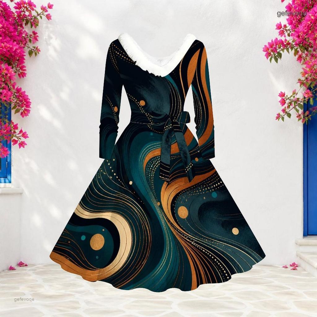 Women Plus Size Faux Fur Trim V Neck Long Sleeve Belted Abstract Print A Line Midi Dress