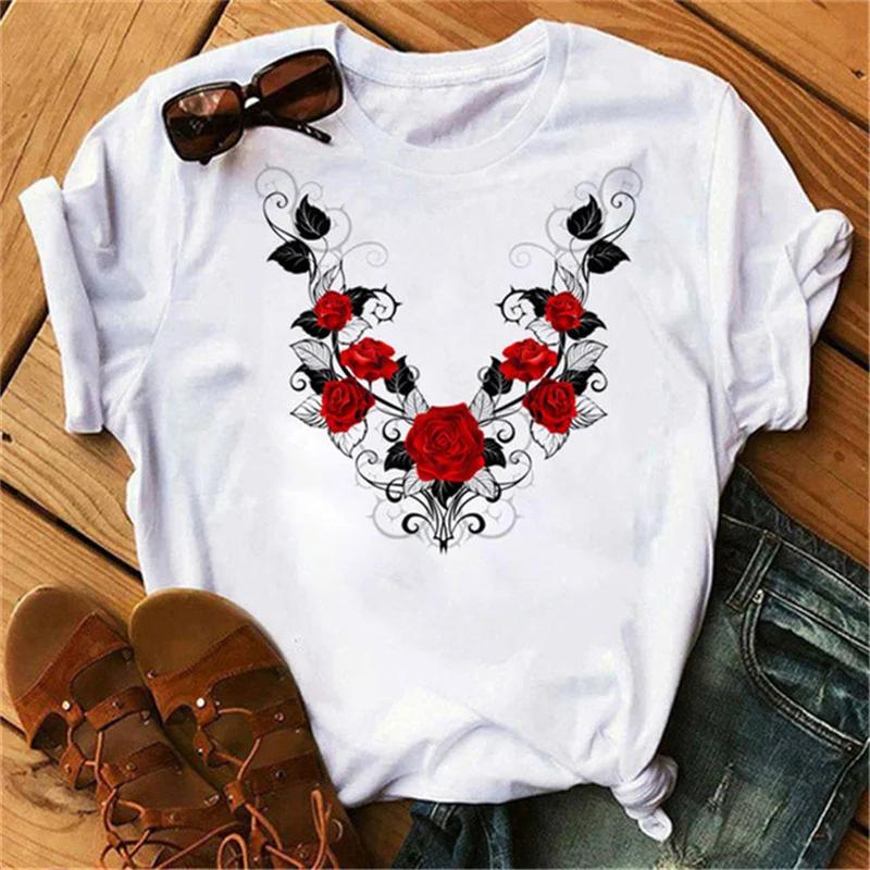 Women's T-shirt Fashion Creative Flower Printed T-shirt Casual T-shirt Short Sleeve Women's T-shirt