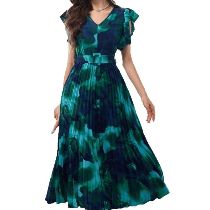 Women's Summer Wooden Ear Edge Patchwork Belt Buckle Decorative Pleated Waist Tie-dye Vintage Print Dress