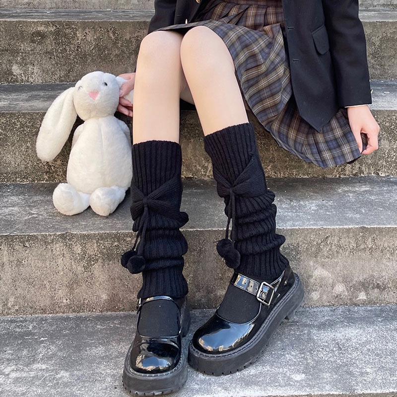 

Осенне-зимние теплые гетры с бантами, милые носки с помпонами в стиле Лолиты для женщин One Size чёрный