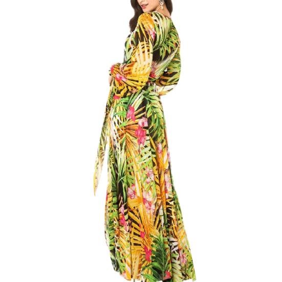 Übergröße Böhmisches Strand Damen Blätterdruck V-Ausschnitt Lange Laternenärmel Maxi-Kleid