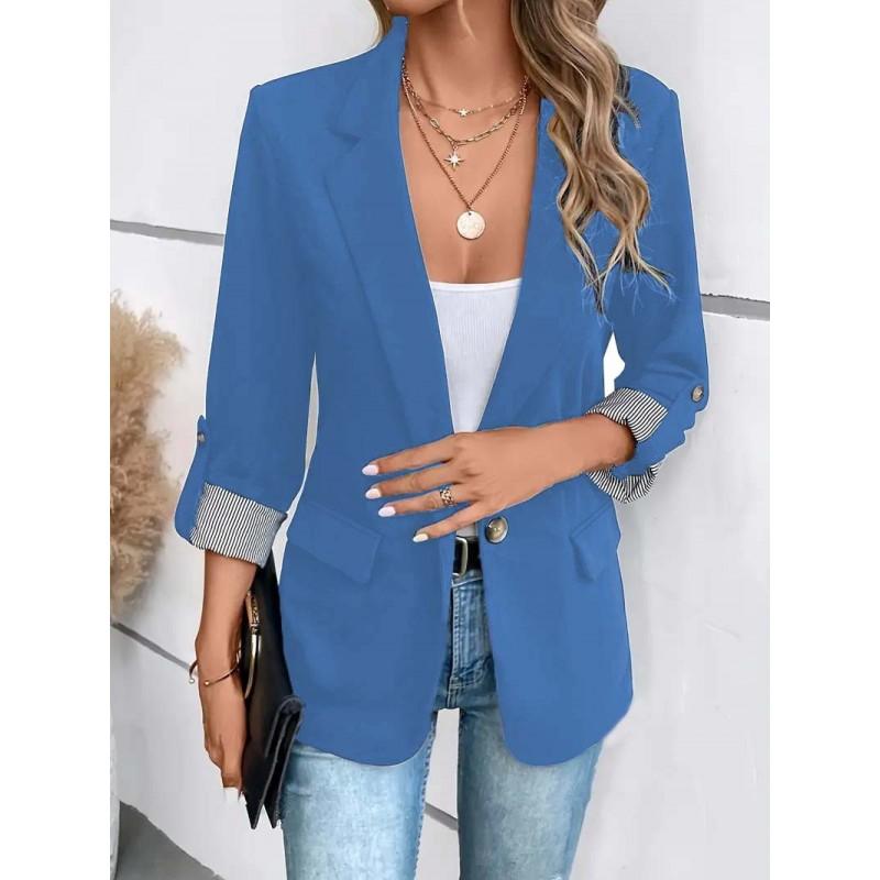 Womens Slim Fit Casual Blazer With Roll-Up 3/4 Sleeve Single Button Notched Lapel Solid Color Office Wear
