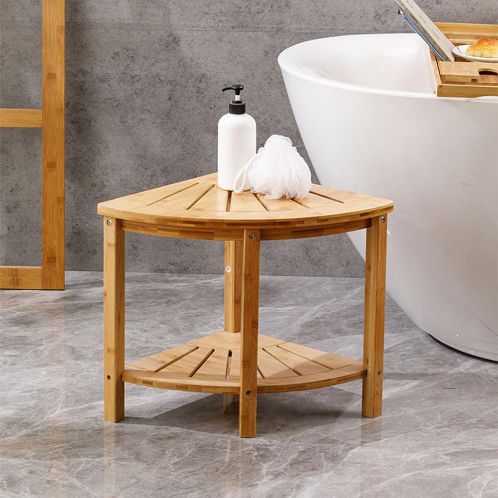 Corner Shower Stool with Storage Rack Anti-slip Natural Bamboo Shower Bench Multifunctional Shower