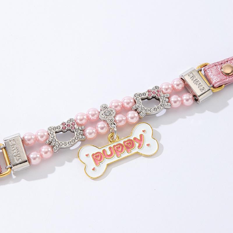 New Pet Bead Big Bone Hanging Collar, Small Cat Dog Simulation, Pearl Rhinestone, Cat Head Bead String, Cat Chain Item
