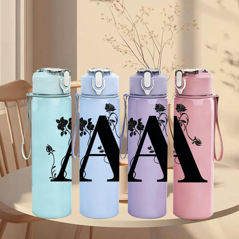 1PC Decorative Capital Letter A Print 750ml Color Plastic Sports Water Bottle Leakproof Flip Straw Lid Suitable for Sports Office Home Use