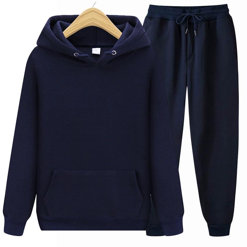 Fashion Solid Color Sports Casual Pullover Hoodie Fleece Men's Hooded Two-piece Set