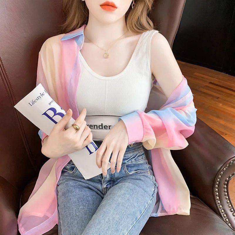 Turn-down Neck Long Sleeved Shirt And Blouses Gradient Rainbow Color See-through Thin Women Clothing Loose Top Shirt Casual