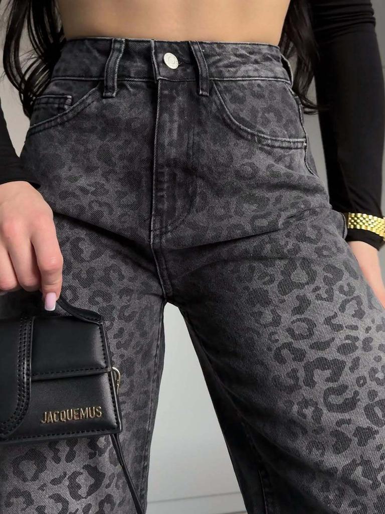 Neue Frühling Sommer Leopard Print High Waist Jeans Damen Lange Länge Lässige Raffung Hosen Damenbekleidung