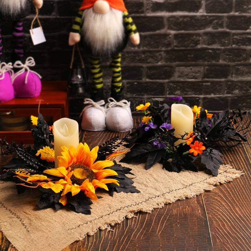 Colorful Flower Candle Wreaths Pack of 5 Tealight Candle Holders Rings for Halloween Parties Table Centerpieces Decors