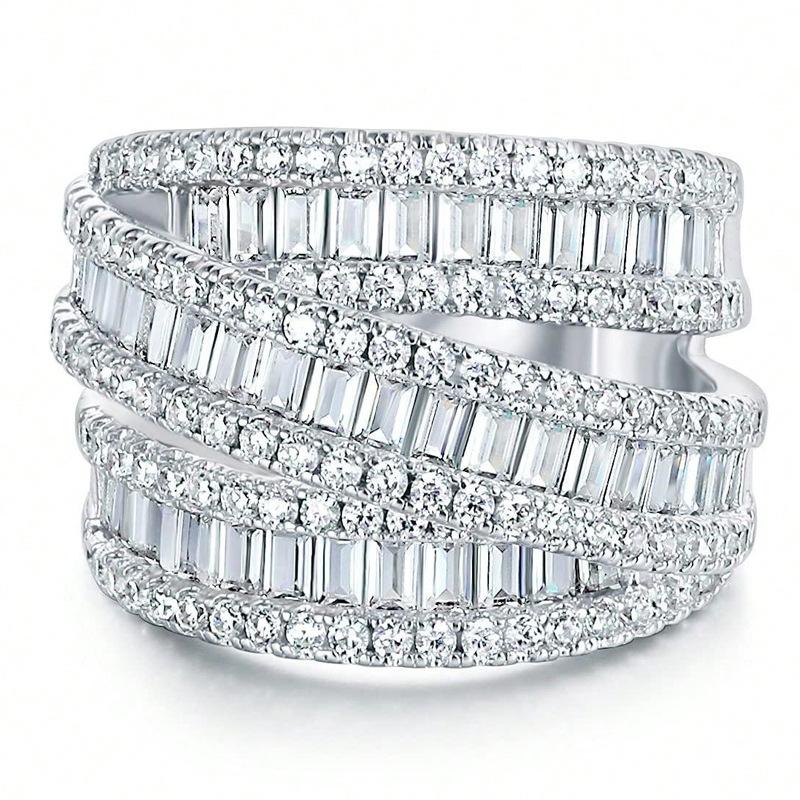 

Zircon ring men s and women s three-row dense zirconium hip-hop ring retro fashion high-end versatile No. 5 платиновый