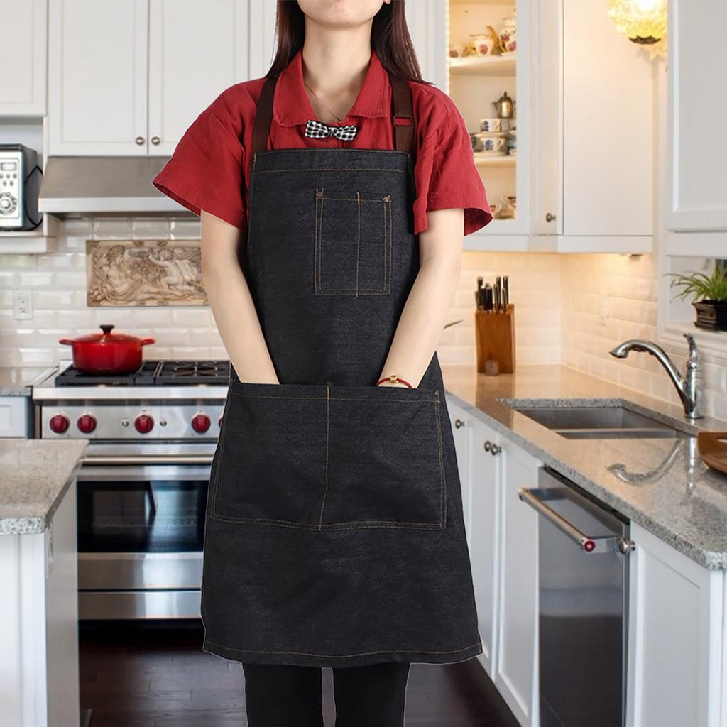 Unisex Džínová pracovní kapsová zástěra pro kreslení Malování Číšník v restauraci Coffee (Černá)