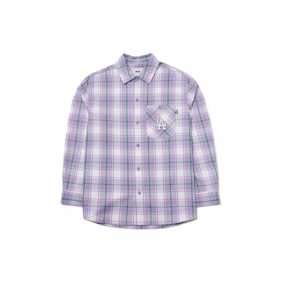 MLB Los Angeles Dodgers Color Block Plaid Button Casual Loose Fashion Woven Long Sleeve Shirt Unisex Shirts 3AWS00221-07LDL