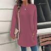 Blusa informal de manga larga con cuello redondo y bolsillos de color liso a la moda para mujer