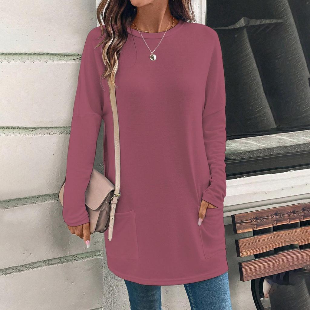 Blusa informal de manga larga con cuello redondo y bolsillos de color liso a la moda para mujer