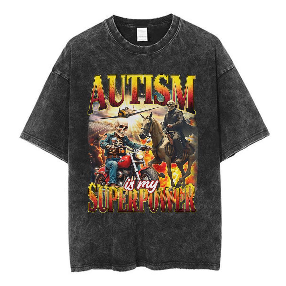 Wyprane Vintage Autyzm To Moja Supermoc Zabawny Szkielet Mem Koszulki Męskie Damskie Moda Hip Hop Krótki Rękaw Codzienne Koszulki