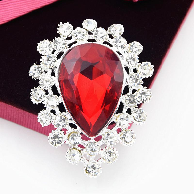 Silver-Plated Red Teardrop Crystal Brooch Lapel Pin Zhen Yao Jewelry