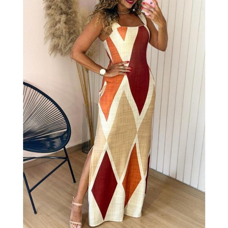 YYFS Women's Fashion Summer Spring Colour Block Print Sleeveless Square Collar High Waist Casual Dresses