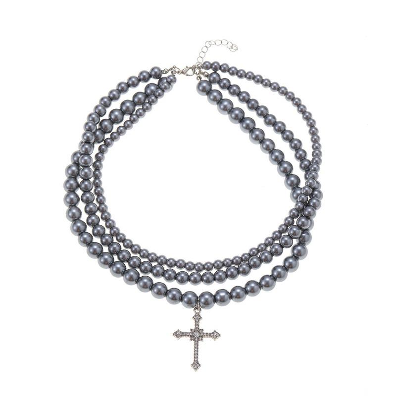Stacked cross beaded necklace simple versatile accessories niche high-end hip-hop pendant neck chain
