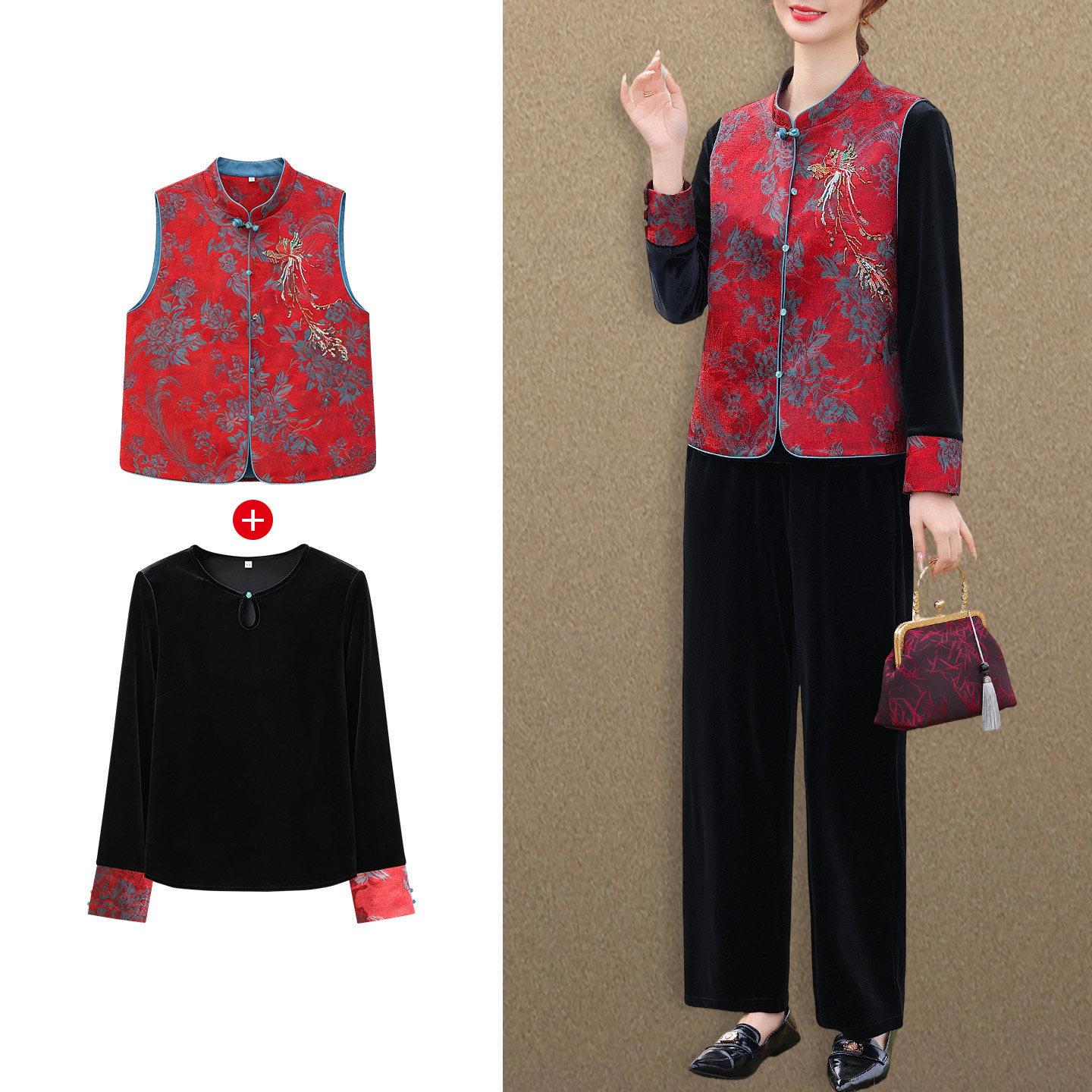 

2026 New Spring Outfit: Gold Velvet Set with National Style Embroidery - Vest Jacket for Middle-Aged and Elderly Women 4XL (150-165 lbs)