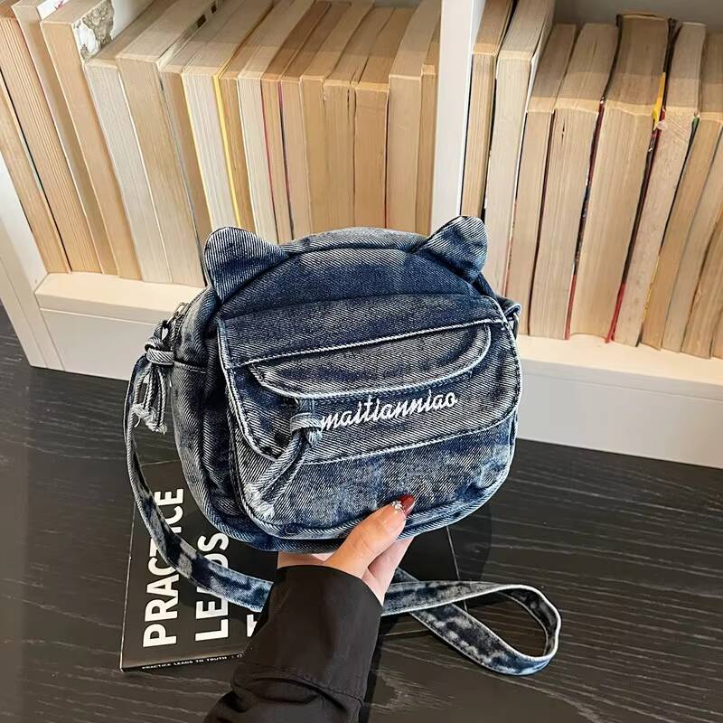 New Cute Cat Ears Denim Mini Crossbody Bag Women Casual Simple Shoulder Bag Fun Coin Pouch Travel Outdoor Y2K Small Wallet Purse