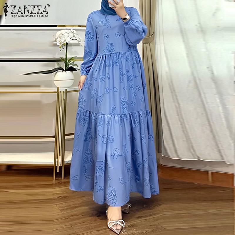ZANZEA Women Vintage Print Casual Round Neck Long Sleeve Loose Dress