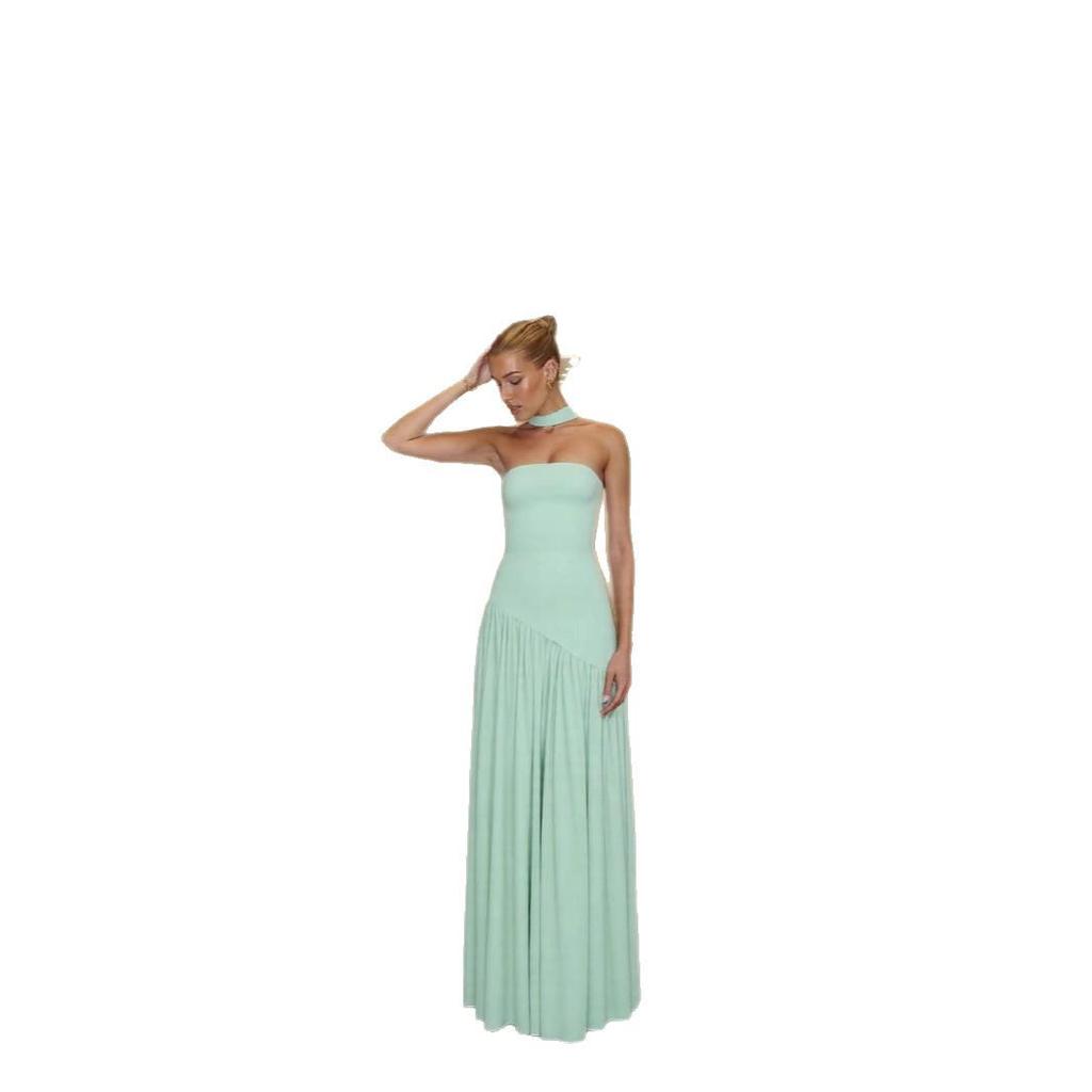 European & American Elegant Off-Shoulder Slim Fit Slit Dress with Ribbon Back