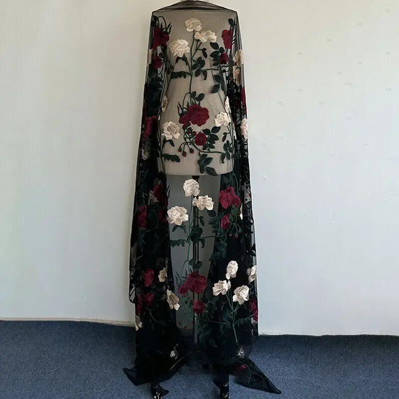 100x120cm Floral Embroidery Rose Mesh Lace Fabric Flower Wedding Dress Background Fabric DIY Sewing Craft Clothing Supplies 100x120cm