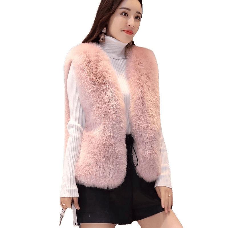 Haining winter imitation leather vest women's imitation leather jacket short vest fox fur vest thin
