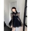 Damen trägerloses gepunktetes Mesh Langarm Puffkleid - Schlankmachende Taille, Frühling/Herbst Mode