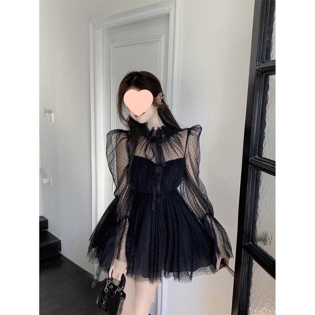 Damen trägerloses gepunktetes Mesh Langarm Puffkleid - Schlankmachende Taille, Frühling/Herbst Mode