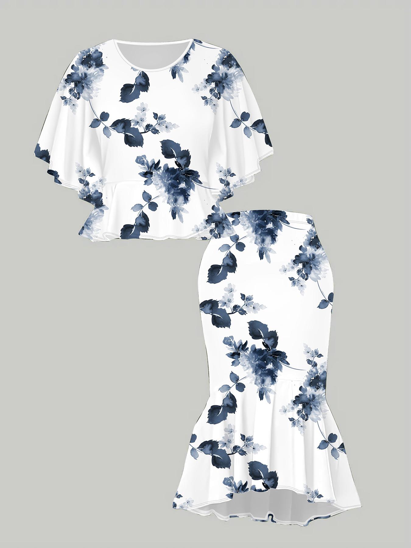 

Классический тотемный женский принт с 3D-цветами, Модный большого размера, Элегантный, Универсальный для всех сезонов. Футболка, Юбка и Комплект 1XL синий