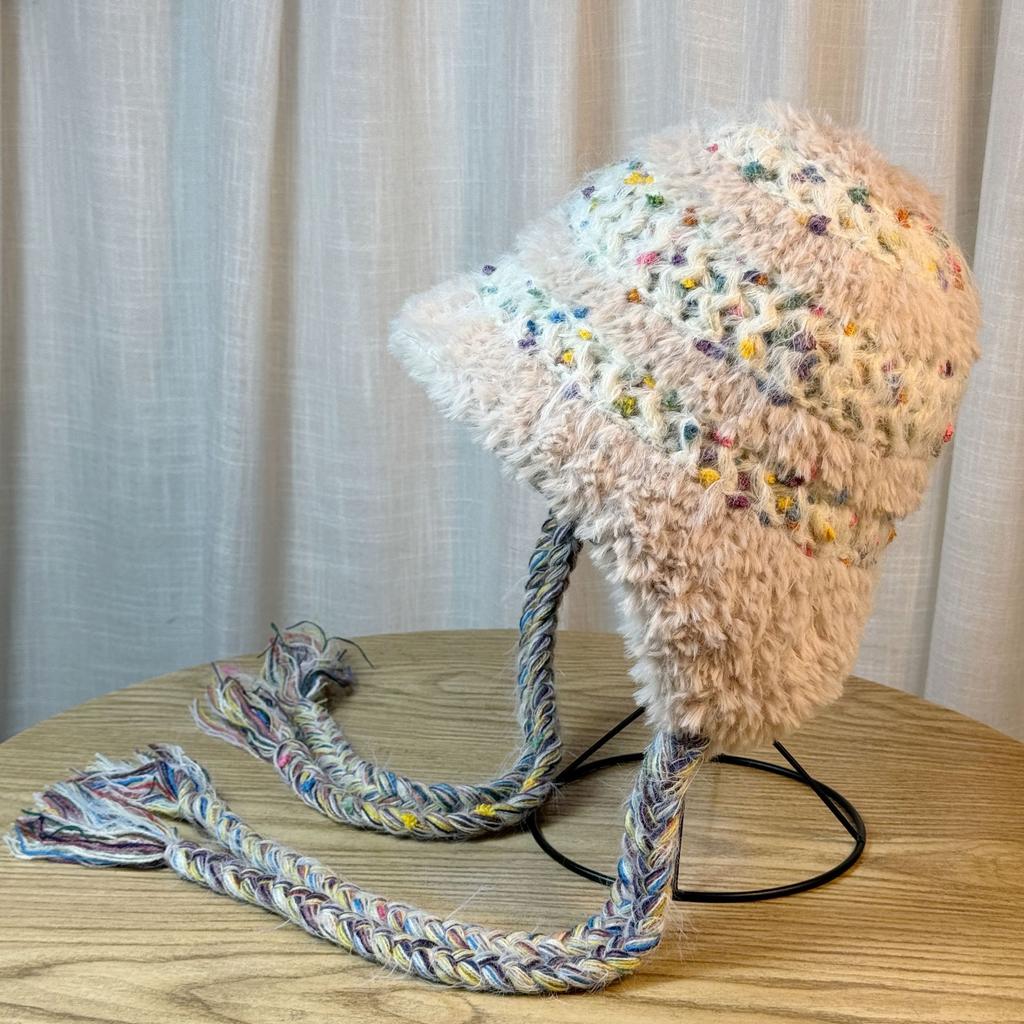 Japanese Autumn and Winter Plush Warm Tassel Braided Lei Feng Hat for Women Korean Version Sweet and Cute Colorful Bean Knitted Woolen Hat