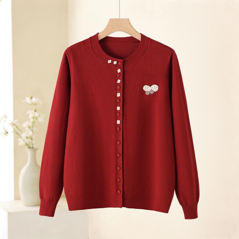 Spring and Autumn Loose Knit Cardigan for Middle-aged Women - Round Neck, Single-breasted Sweater