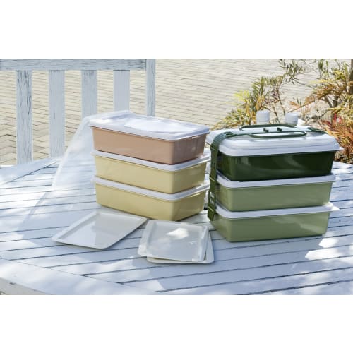 Sanko Plastic Bento Box/Picnic Case with 3 Side Plates, Earth Beige, 116789, Approx. 26.5cm W x 15.5cm D x 22cm H