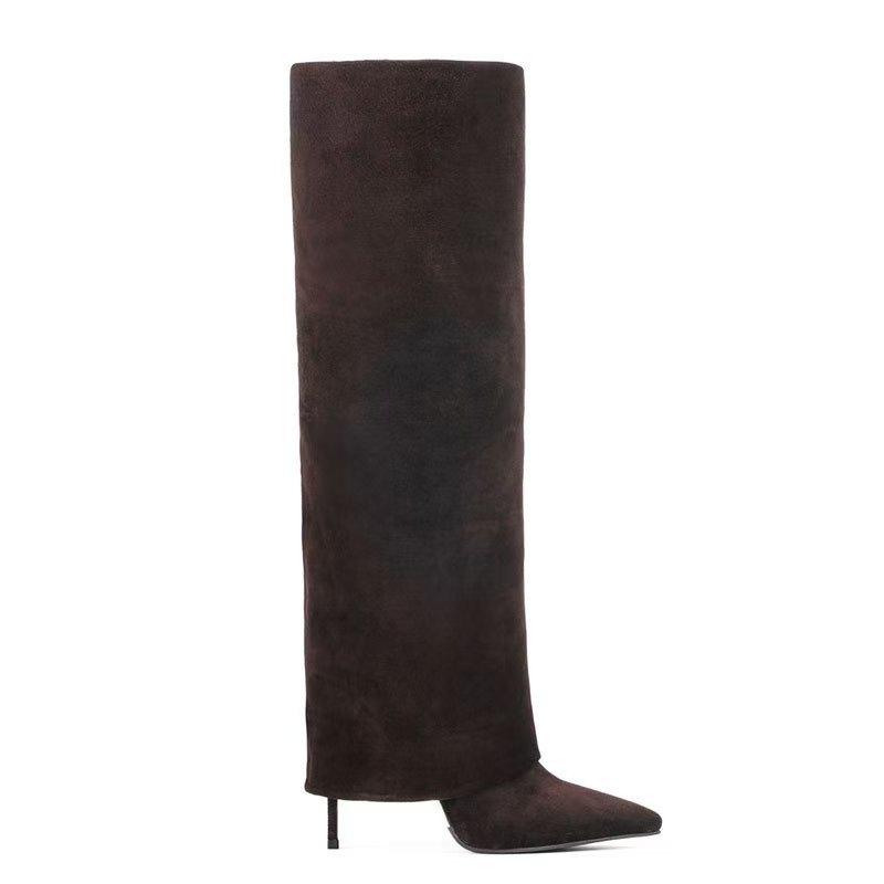 

Women s Knee High Leather Boots, Pointed Toe Thin Heels Slim Step on The Sleeve with One Foot Boots Black Plus Size Long Boots 43 темно-коричневого кольору