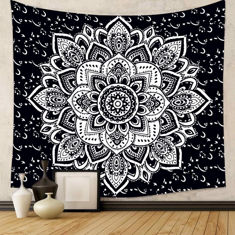 Boho Chic Wall Tapestry With Moon Phase Floral Starry Sky Design Bedroom Yoga Studio Decor