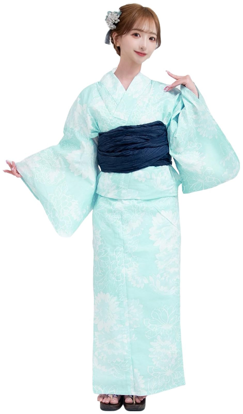 

Yukata 3 Piece Set Large Peony Flower Soft Color Blooming Japanese Clothes Fluffy Heiko Obi Thong Geta Set Mint Green Free Size [RAVIR] Women s