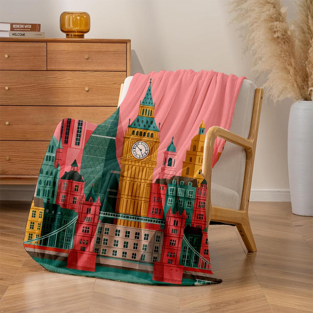 1pc London City Skyline Plush Fleece Blanket - Thick All-Season British Icon Print with Big Ben & Tower Bridge, Soft Bedspread