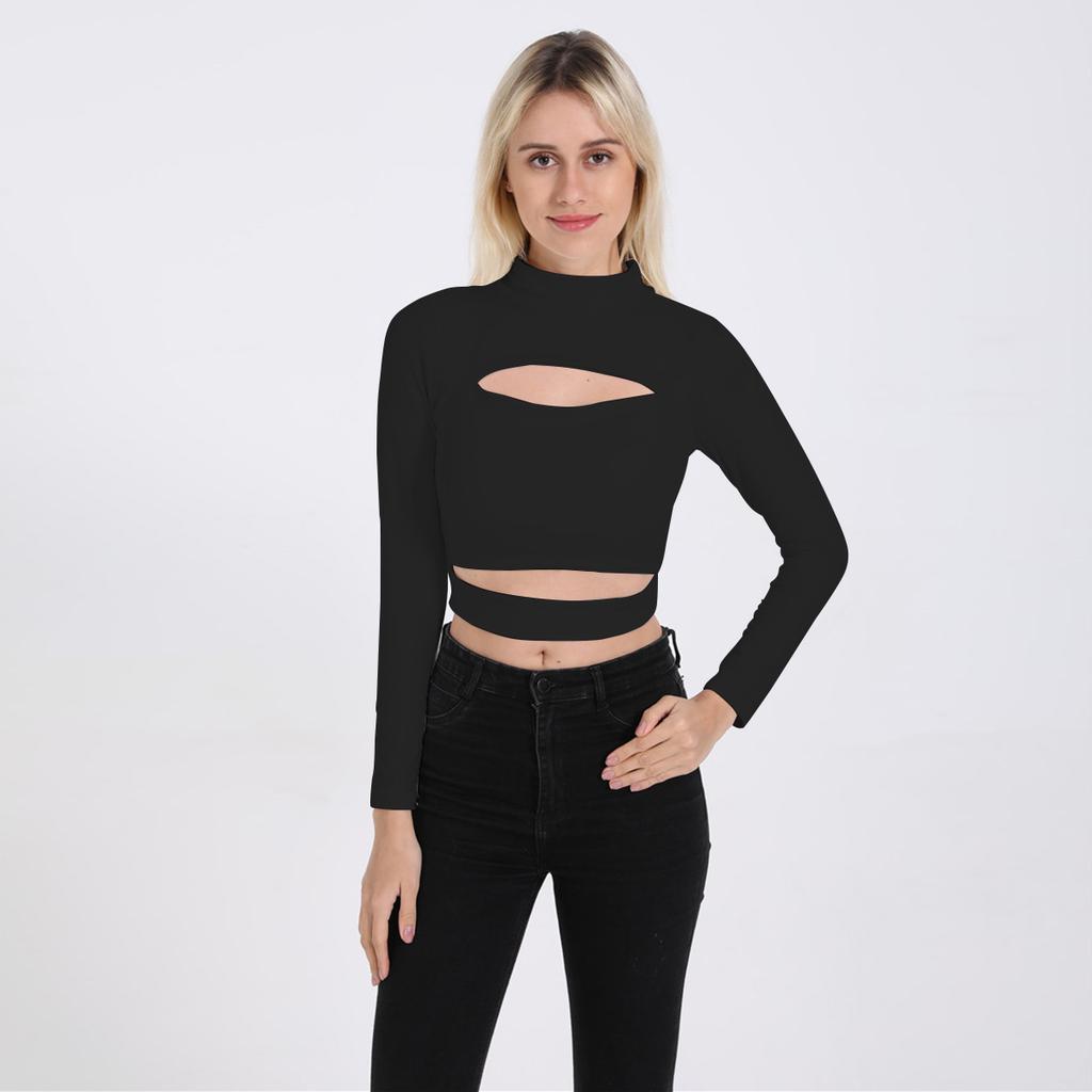 Black long sleeve cut out crop top Outlet