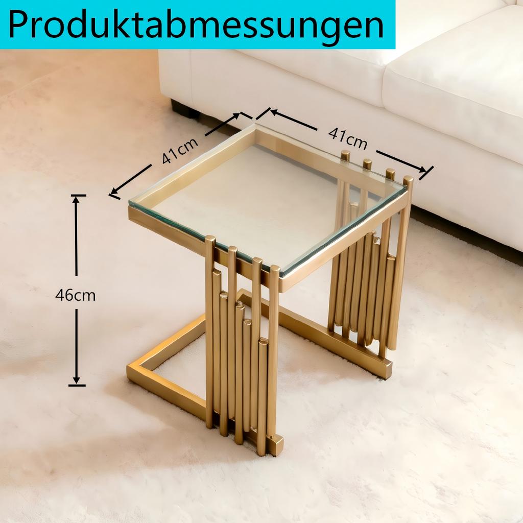 41cm Modern Square Side Table for Living Room with Clear Tempered Glass Desk and Gold Stainless Steel Frame Luxury Mirror Finish for Bedroom Balcony