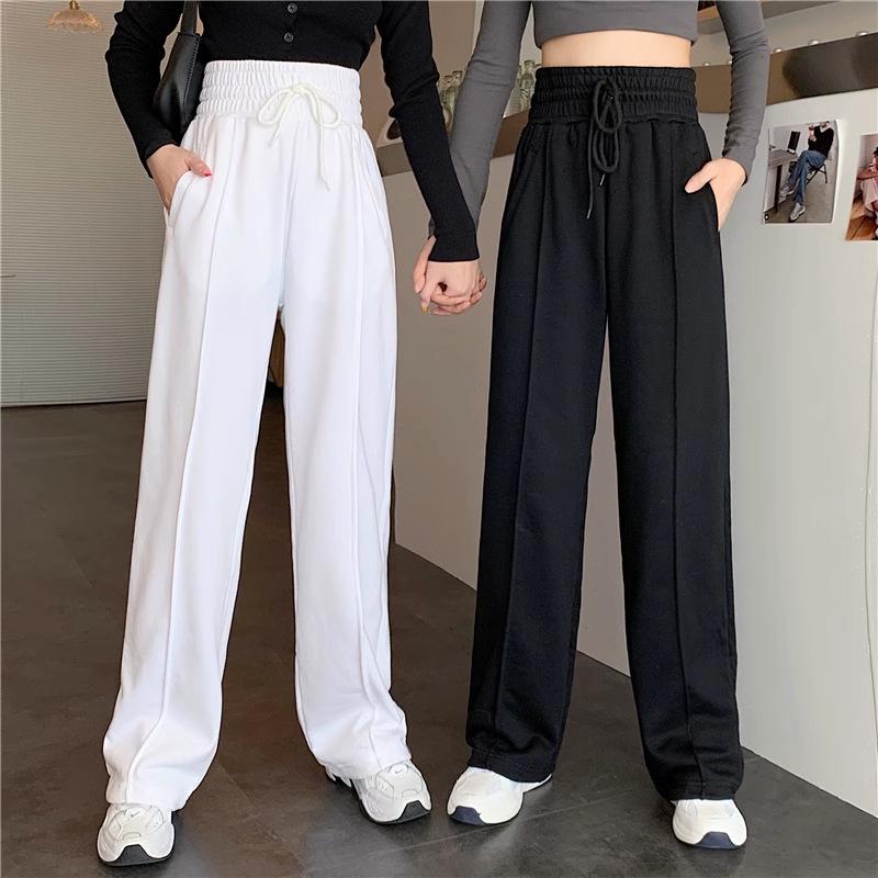 Damen High-Waist Schwarze Weitbein-Sweathose - Slim, Casual, Leicht für Frühling, Sommer und Herbst 2024.