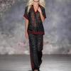 DM078 2026 Cross-border Spice Girl Vacation Leopard Print Collided Red Edge Chiffon Set V-Neck Short Sleeve Top Wide Leg Trousers